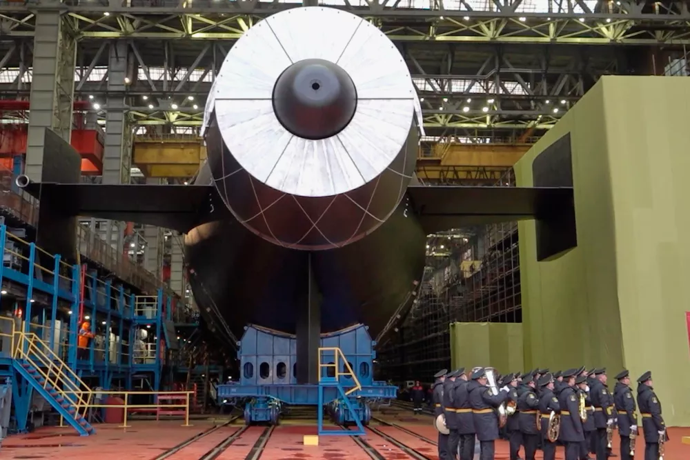 In this image made from video provided by Russian Defense Ministry Press Service on Saturday, Nov. 1, 2025, The Khabarovsk nuclear submarine is seen during launches at the Sevmash shipyard in Severodvindk, Russia. (Russian Defense Ministry Press Service via AP)