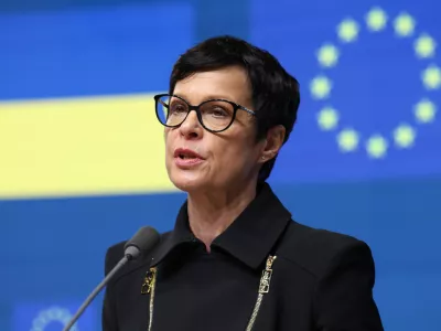 HANDOUT - 09 April 2025, Belgium, Brussels: European Commissioner for Enlargement Marta Kos speaks during a press conference with Ukraine's Prime Minister Denys Shmyhal and EU High Representative for Foreign Affairs Kaja Kallas after the EU-Ukraine Association Council in Brussels. Photo: Alexandros Michailidis/EU Council/dpa - ATTENTION: editorial use only and only if the credit mentioned above is referenced in full
