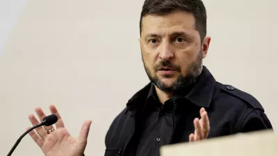 FILE PHOTO: Ukraine's President Volodymyr Zelenskiy speaks during a press conference with Denmark's Prime Minister Mette Frederiksen, on the day of the European Political Community summit in Copenhagen, Denmark, October 2, 2025. REUTERS/Leonhard Foeger/File Photo