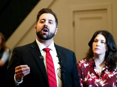 Cincinnati mayoral candidate Cory Bowman gives a speech after results were announced on Election night during his watch party, Tuesday, Nov. 4, 2025, in West End.