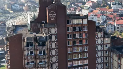 A drone view of the building of a home for the elderly, after a fire, in the town of Tuzla, Bosnia and Herzegovina, November 5, 2025. REUTERS/Amel Emric
