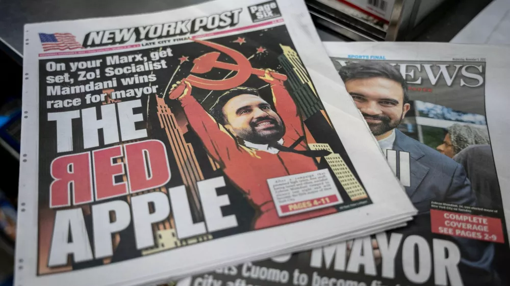 New York Post and Newsday newspapers announce Zohran Mamdani's mayoral election win the morning after Election Day in New York City, U.S., November 5, 2025. REUTERS/Angelina Katsanis