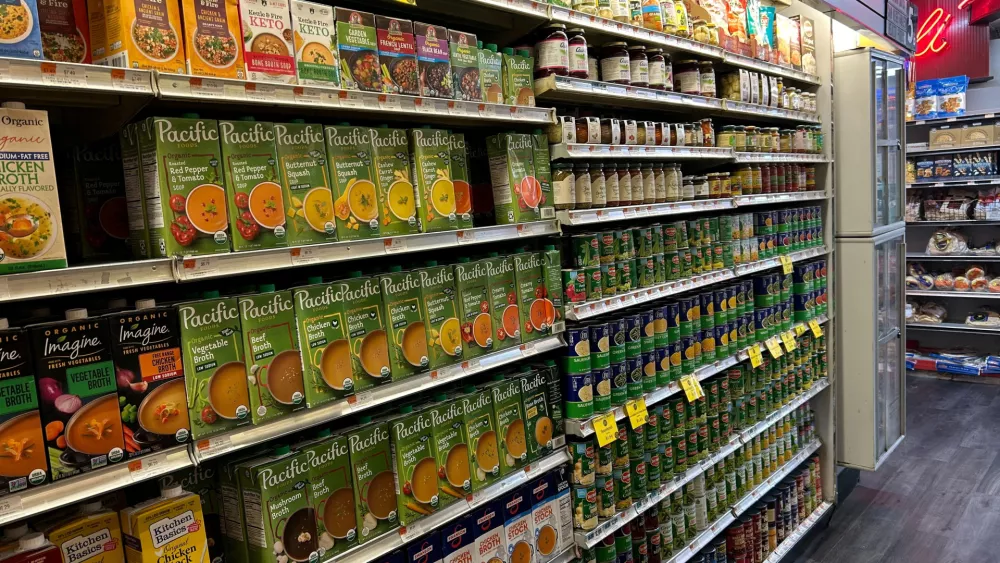 FILE PHOTO: A view of canned food and products in aseptic cartons for sale at the Morton Williams grocery store, in Manhattan, New York City, New York, U.S., June 15, 2025. REUTERS/Jessica DiNapoli/File Photo