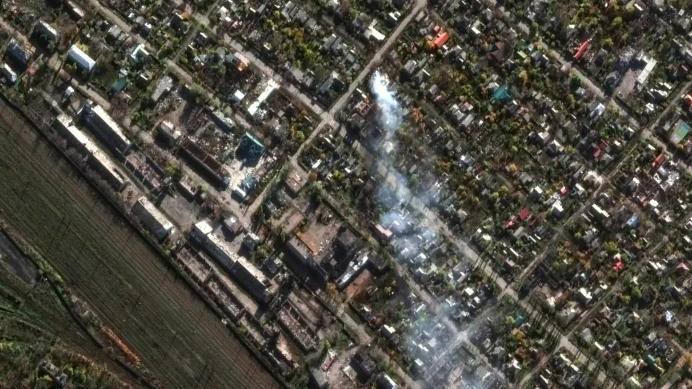 A satellite image shows smoke rising in a residential area amid Russia's attack on Ukraine, in the eastern Ukrainian city of Pokrovsk, Donetsk region, Ukraine, November 3, 2025. Satellite image &copy;2025 Vantor/Handout via REUTERS THIS IMAGE HAS BEEN SUPPLIED BY A THIRD PARTY. NO RESALES. NO ARCHIVES. MANDATORY CREDIT DO NOT OBSCURE LOGO