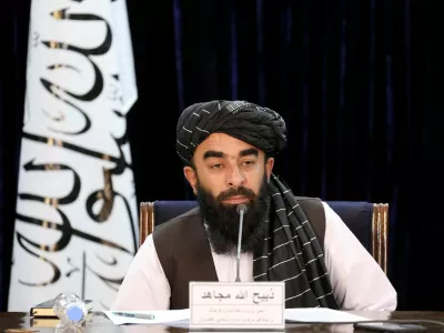 FILE PHOTO: Taliban spokesman Zabihullah Mujahid speaks during a news conference in Kabul, Afghanistan November 10, 2021. REUTERS/Ali Khara/File Photo