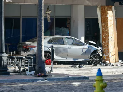 A car that crashed into a local business is shown on Saturday, Nov. 8, 2025, in Tampa, Fla. (Jefferee Woo/Tampa Bay Times via AP)