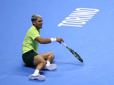 Tennis - ATP Finals - Turin - Palasport Olimpico, Turin, Italy - November 9, 2025 Spain's Carlos Alcaraz during his group stage match against Australia's Alex de Minaur REUTERS/Guglielmo Mangiapane
