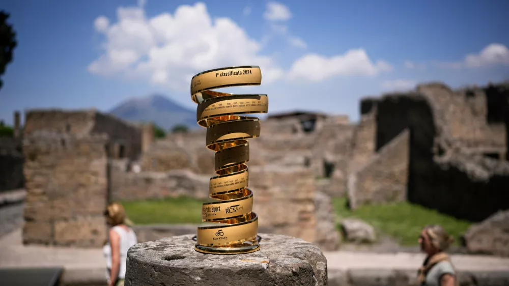 The Giro d'Italia trophy is displayed at the archaeological area of Pompeii, Italy, May 13, 2024. (Marco Alpozzi/LaPresse via AP)