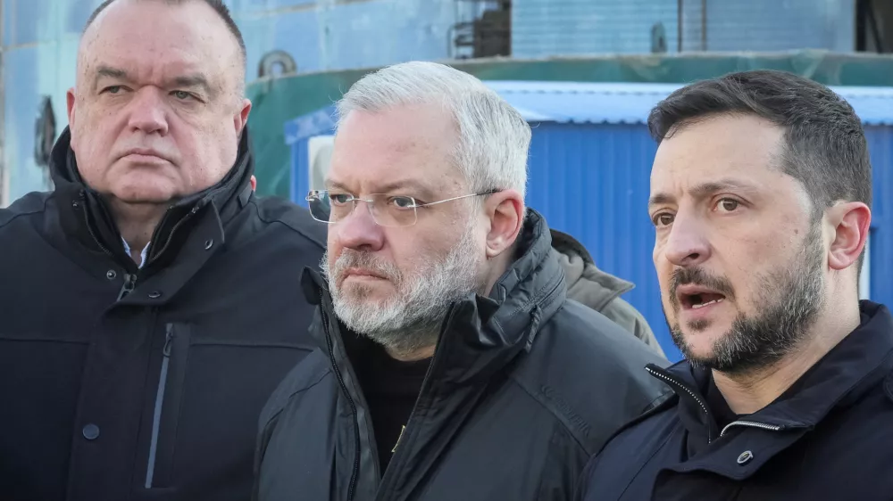 FILE PHOTO: Ukraine's President Volodymyr Zelenskiy, Ukrainian Energy Minister German Galushchenko and head of Ukraine's state nuclear power company Energoatom Petro Kotin visit the Khmelnytskyi Nuclear Power Plant, amid Russia's attack on Ukraine, near the town of Netishyn, in Khmelnytskyi region, Ukraine February 13, 2025. REUTERS/Gleb Garanich/File Photo