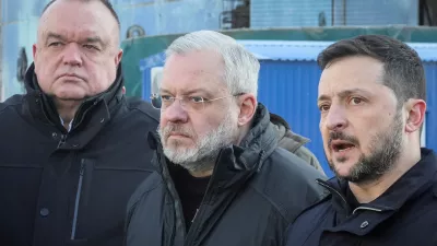 FILE PHOTO: Ukraine's President Volodymyr Zelenskiy, Ukrainian Energy Minister German Galushchenko and head of Ukraine's state nuclear power company Energoatom Petro Kotin visit the Khmelnytskyi Nuclear Power Plant, amid Russia's attack on Ukraine, near the town of Netishyn, in Khmelnytskyi region, Ukraine February 13, 2025. REUTERS/Gleb Garanich/File Photo