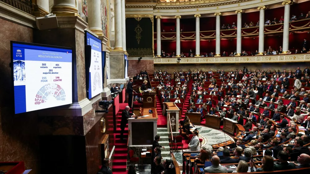 Members of the parliament vote on the Social Security Financing Bill for 2026, including the suspension of the contentious 2023 pension reform, during a session at the National Assembly in Paris, France, November 12, 2025. REUTERS/Gonzalo Fuentes