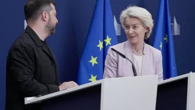 European Commission President Ursula von der Leyen holds a press conference with Ukrainian President Volodymyr Zelenskiy in Brussels, Belgium, before they head to Washington, D.C., with other European leaders to meet with U.S. President Donald Trump, August 17, 2025. REUTERS/Bart Biesemans
