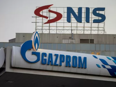 Signages display the logos of NIS as well as Russian oil producer Gazprom Neft, in Belgrade, Serbia October 8, 2025. REUTERS/Marko Djurica