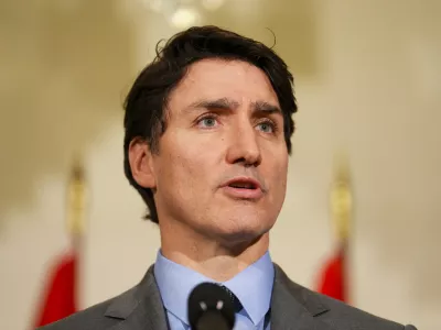 Canada Prime Minister Justin Trudeau holds a press conference at Canada House in London on Sunday, March 2, 2025. (Sean Kilpatrick/The Canadian Press via AP)
