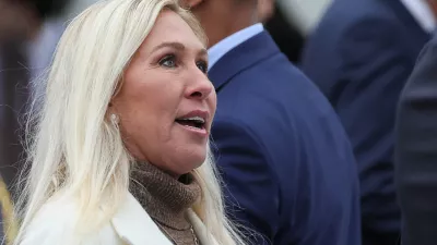 FILE PHOTO: U.S. Rep. Marjorie Taylor Greene (R-GA) looks on, ahead of President Donald Trump delivering remarks on tariffs, in the Rose Garden at the White House in Washington, D.C., U.S., April 2, 2025. REUTERS/Leah Millis/File Photo