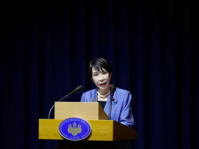 FILE PHOTO: Japanese Prime Minister Sanae Takaichi speaks during a press conference after the Asia-Pacific Economic Cooperation (APEC) summit in Gyeongju, South Korea, November 1, 2025. REUTERS/Kim Hong-ji/File Photo