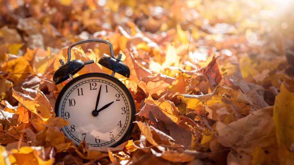 Alarm clock among golden yellow fall leaves with bright sunshine, autumn time change concept