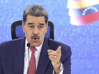 Venezuelan President Nicolas Maduro gives a press conference in Caracas, Venezuela, Monday, Sept 15, 2025. (AP Photo/Jesus Vargas)