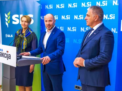 Ljubljana, prostori NSi.Novinarska konferenca, na kateri so predsedniki NSi, SLS in Fokusa - Jernej Vrtovec, Tina Bregant in Marko Lotric predstavili izjavo o zacetku pogovorov o moznem sodelovanju na prihajajocih parlamentarnih volitvah.