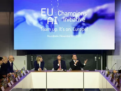 France's President Emmanuel Macron addresses investors next to German chancellor Friedrich Merz and Managing director and Head of Europe at General Catalyst Jeannette zu F&uuml;rstenberg at the EU AI Champions Initiative at a summit on Europe's technological sovereignty, in the EUREF Campus in Berlin, Germany, November 18, 2025. JOHN MACDOUGALL/Pool via REUTERS