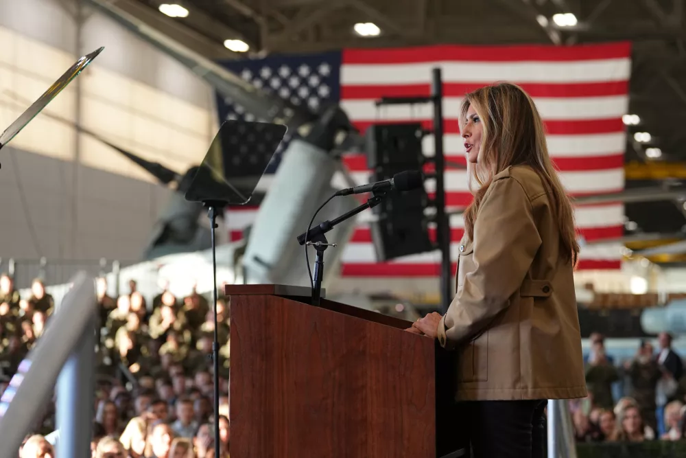 First lady Melania Trump speaks at the Mega Hangar at the Marine Corps Air Station New River in Jacksonville, N.C., Wednesday, Nov. 19, 2025. (AP Photo/Matt Rourke)