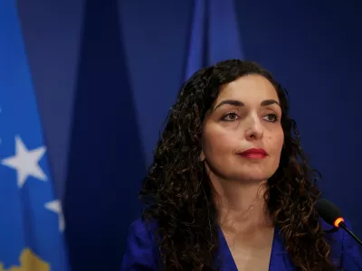 Kosovo's President Vjosa Osmani looks on during a press conference with German Foreign Minister Johann Wadephul (not in picture) in Pristina, Kosovo, November 18, 2025. REUTERS/Valdrin Xhemaj