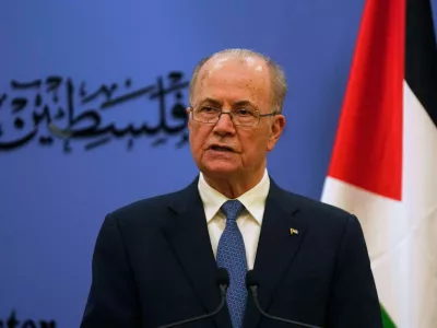 FILE -Palestinian Prime Minister Mohammad Mustafa talks during a joint press conference with European Union's foreign policy chief Kaja Kallas, following their meeting at his office in the West Bank city of Ramallah, March 24, 2025. (AP Photo/Nasser Nasser, Pool, File)