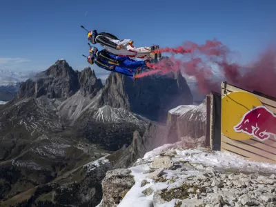 Fred Fugen, Amber Forte and Sebastian Alvares seen at the catapult during the Red Bull Ultimate Aerial Obstacle Course at Pass Pordoi, Italy on October 6, 2024.