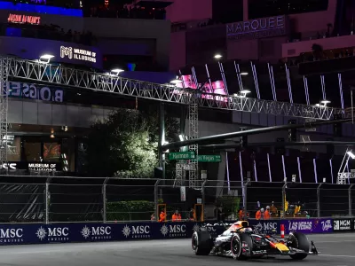 Nov 21, 2025; Las Vegas, NV, USA; Red Bull Racing driver Max Verstappen (1) during the Las Vegas Grand Prix at Las Vegas Strip Circuit. Mandatory Credit: Gary A. Vasquez-Imagn Images