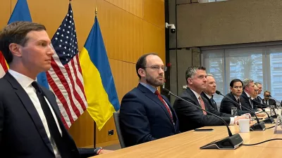 President Donald Trump's son-in-law Jared Kushner, U.S. Special Envoy Steve Witkoff, U.S. Secretary of State Marco Rubio, U.S. Army Secretary Daniel Driscoll sit before closed-door talks with Head of the Office of the President of Ukraine Andriy Yermak (not pictured) on ending Russia's war in Ukraine, at the U.S. Mission in Geneva, Switzerland, November 23, 2025. REUTERS/Emma Farge