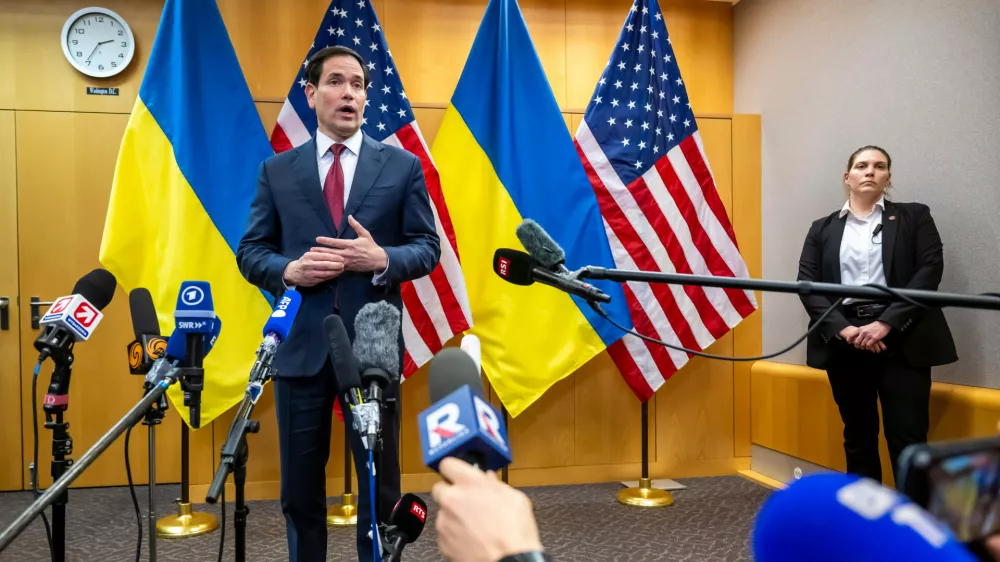 U.S. Secretary of State Marco Rubio talks to the press at the U.S. Mission to International Organizations in Geneva, Switzerland, Sunday, Nov. 23, 2025. (Martial Trezzini/Keystone via AP)