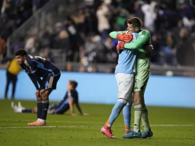 Nov 23, 2025; Chester, Pennsylvania, USA; New York City goalkeeper Matt Freese (49) reacts after defeating the Philadelphia Union at Subaru Park. Mandatory Credit: James Lang-Imagn Images