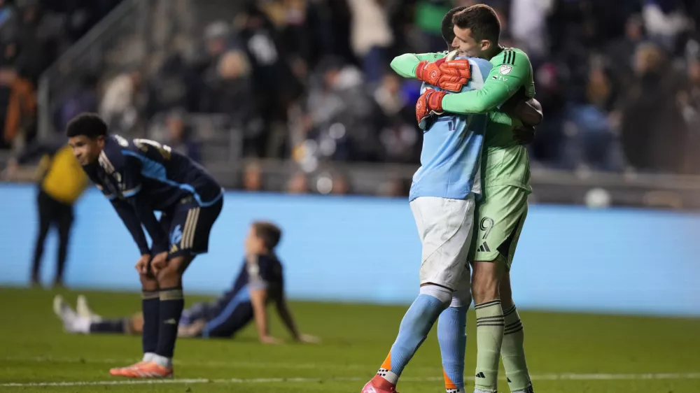 Nov 23, 2025; Chester, Pennsylvania, USA; New York City goalkeeper Matt Freese (49) reacts after defeating the Philadelphia Union at Subaru Park. Mandatory Credit: James Lang-Imagn Images
