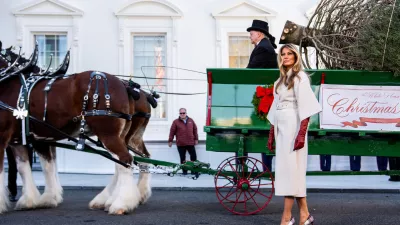 First lady Melania Trump receives the official 2025 White House Christmas Tree, a white fir from Korson's Tree Farms in Michigan, on the North Portico of the White House, Monday, Nov. 24, 2025, in Washington. (AP Photo/Julia Demaree Nikhinson)