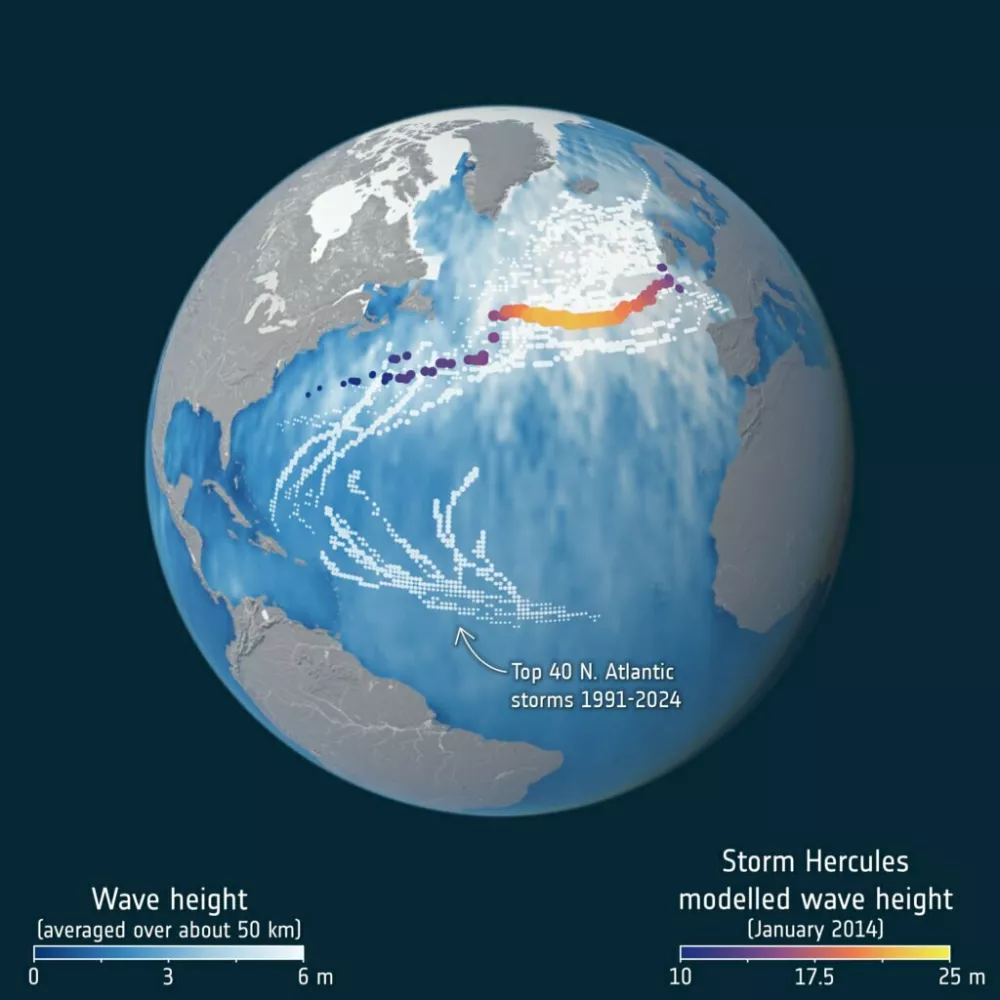 Meritev, ki jo je opravila Evropska vesoljska agencija. Bolj je barva rumena, vi&scaron;ji so valovi. / Foto: Esa