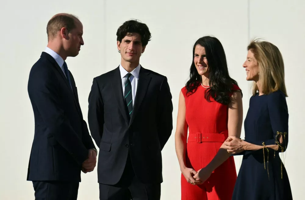 Britain's Prince William, Prince of Wales, is welcomed by US Ambassador to Australia, Caroline Kennedy (R), Jack Kennedy Schlossberg (2nd L) and Tatiana Kennedy Schlossberg to the John F. Kennedy Presidential Library and Museum in Boston, Massachusetts, December 2, 2022.,Image: 741913341, License: Rights-managed, Restrictions:, Model Release: no