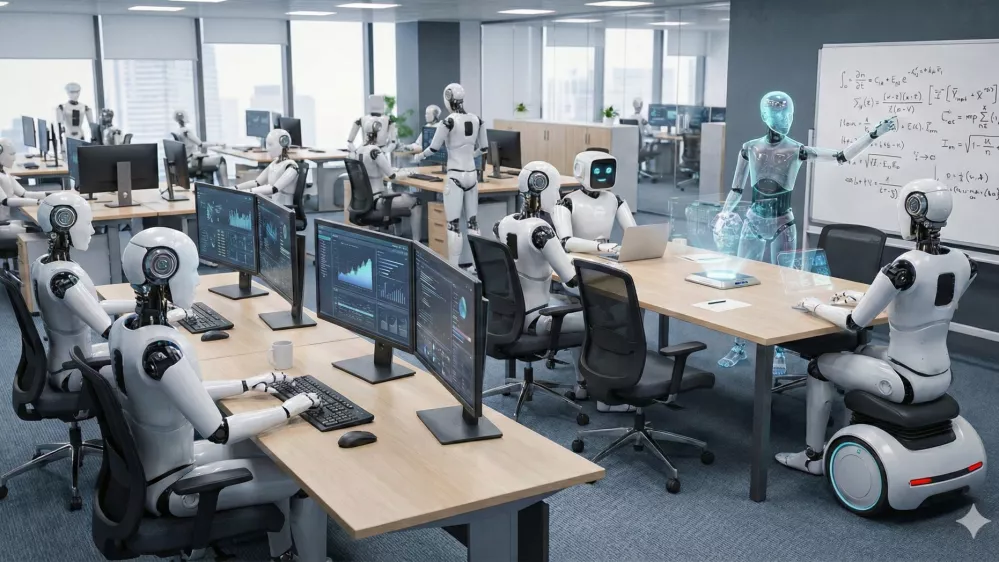 Izmi&scaron;ljena pisarna z roboti in umetno inteligenco. Kot kaže, brez ljudi in člove&scaron;kih težav ne gre dobro. / Foto: Google Gemini