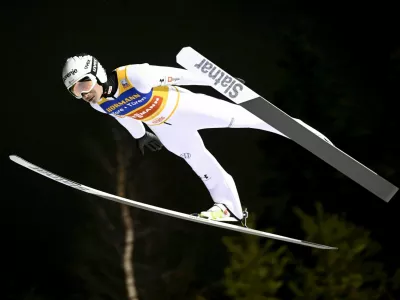 Ski Jumping - FIS World Cup Ruka Nordic - Kuusamo, Finland - November 29, 2025 Slovenia's Anze Lanisek in action during the men's ski jumping large hill HS142 VESA MOILANEN/Lehtikuva via REUTERS ATTENTION EDITORS - THIS IMAGE WAS PROVIDED BY A THIRD PARTY. NO THIRD PARTY SALES. NOT FOR USE BY REUTERS THIRD PARTY DISTRIBUTORS. FINLAND OUT. NO COMMERCIAL OR EDITORIAL SALES IN FINLAND.