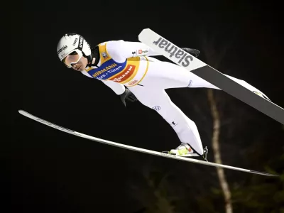 Winner Anze Lanisek of Slovenia competes during the men's ski jumping large hill HS142 at the FIS World Cup Ruka Nordic in Kuusamo, Finland, Saturday Nov. 29, 2025. (Vesa Moilanen/Lehtikuva via AP)