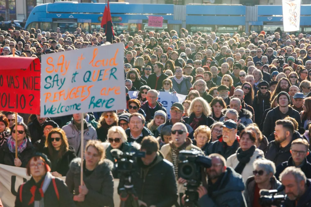 People take part in a protest against what they say is the rising use of far-right symbols and rhetoric, in Zagreb, Croatia, November 30, 2025. REUTERS/Antonio Bronic