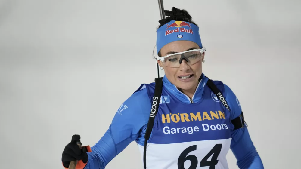 Dorothea Wierer, Italy, crosses the finish line of the Biathlon women's World Cup 15 km event, in &Ouml;stersund, Sweden, Tuesday, Dec. 2, 2025. (Bj&ouml;rn Larsson Rosvall/TT News Agency via AP)