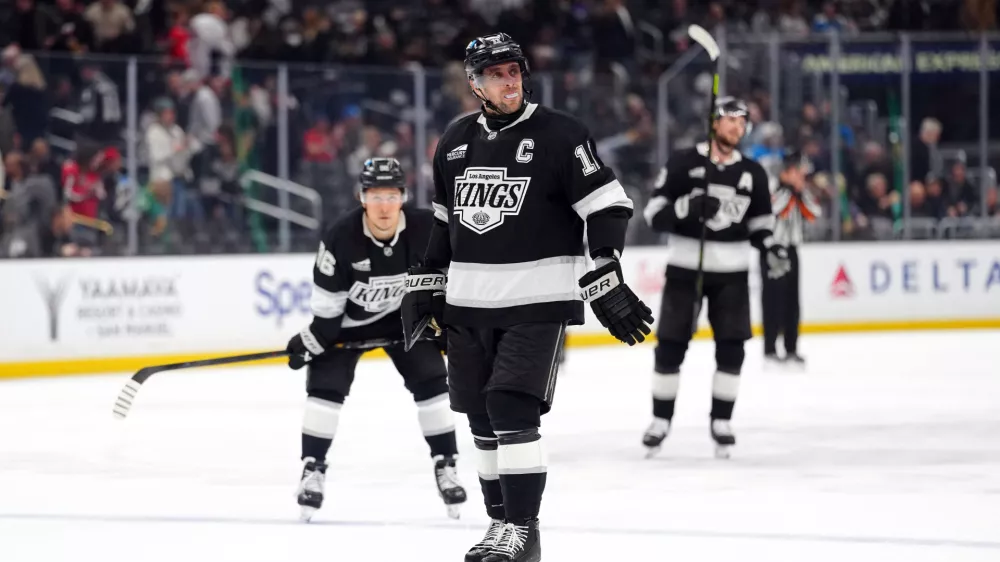 Dec 2, 2025; Los Angeles, California, USA; LA Kings center Anze Kopitar (11 reacts at the end of the game against the Washington Capitals at Crypto.com Arena. Mandatory Credit: Kirby Lee-Imagn Images