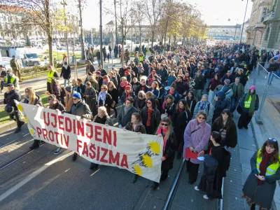 People protest against rising fascism in Croatia, carrying a banner "United against Fascism" in Zagreb, Croatia, November 30, 2025. REUTERS/Antonio Bronic