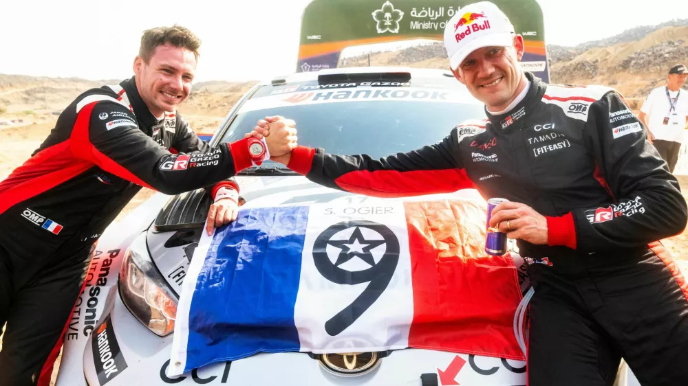 S&eacute;bastien Ogier secured his ninth FIA World Rally Championship title after a decisive Asfan surge put the championship in his hands, equalling S&eacute;bastien Loeb's record and earning co-driver Vincent Landais his first world crown. Thierry Neuville clinched his first win of the season in Saudi Arabia by 54.7 seconds, while Elfyn Evans missed the title by just four points in one of the closest finishes in recent WRC history. // S&eacute;bastien Ogier (FRA) and Vincent Landais (FRA) of team TOYOTA GAZOO RACING WRT celebrate World Rally Championship 2025 title during stop 14 of the World Rally Championship in Jeddah, Saudi Arabia on November 29, 2025. // Jaanus Ree / Red Bull Content Pool via AP Images // For more content, pictures and videos like this please go to http://www.redbullcontentpool.com
