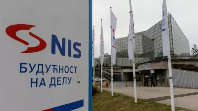 FILE PHOTO: NIS sign outside the headquarters building of Serbian oil company NIS, which is majority owned by the Russian oil producer Gazprom Neft, in Belgrade, Serbia, January 15, 2025. REUTERS/Djordje Kojadinovic/File Photo