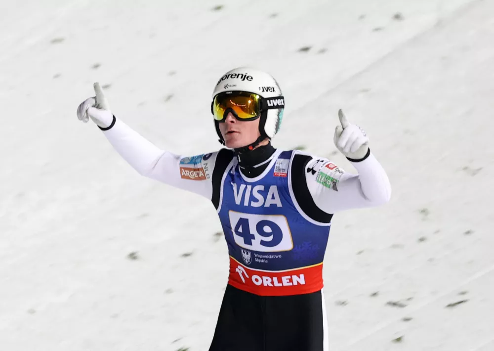 Ski Jumping - FIS Ski Jumping World Cup - Wisla, Poland - December 6, 2025 Slovenia's Domen Prevc celebrates after his second jump REUTERS/Kacper Pempel