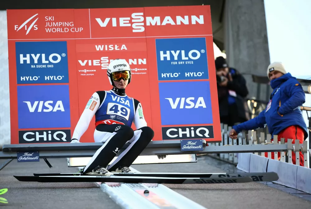 Ski Jumping - FIS Ski Jumping World Cup - Wisla, Poland - December 6, 2025 Slovenia's Domen Prevc in action during the trial round REUTERS/Kacper Pempel