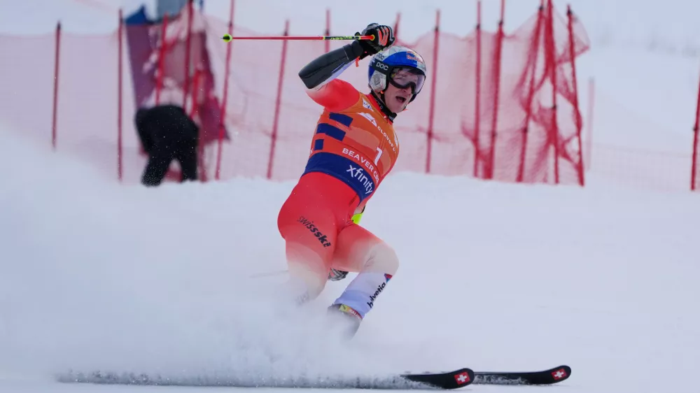 Switzerland's Marco Odermatt reacts at the finish line during a World Cup men's giant slalom skiing race, Sunday, Dec. 7, 2025, in Beaver Creek, Colo. (AP Photo/John Locher)