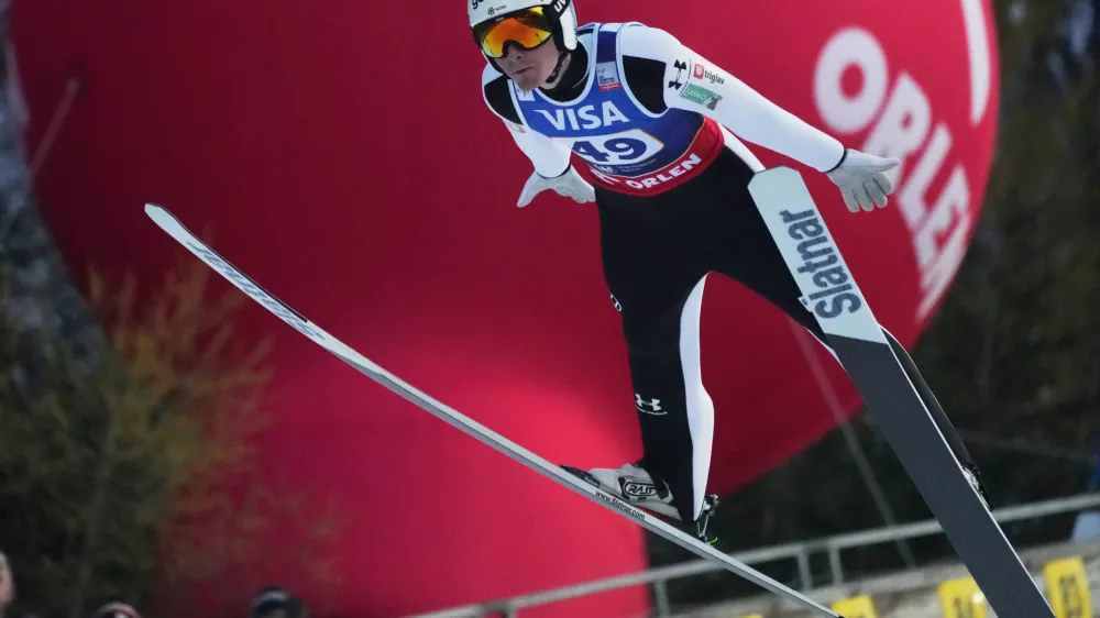 Domen Prevc of Slovenia in action during the Men's Large Hill HS134 competition of the FIS Ski Jumping World Cup in Wisla, Poland Saturday Dec. 6, 2025. (AP Photo/Czarek Sokolowski)