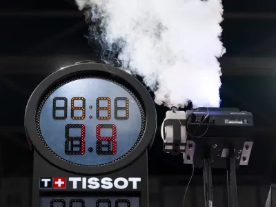 A smoke machine malfunctions during the first half of an NBA basketball game Between the Oklahoma Thunder and the Utah Jazz, Sunday, Dec. 7, 2025, in Salt Lake City. (AP Photo/Bethany Baker)